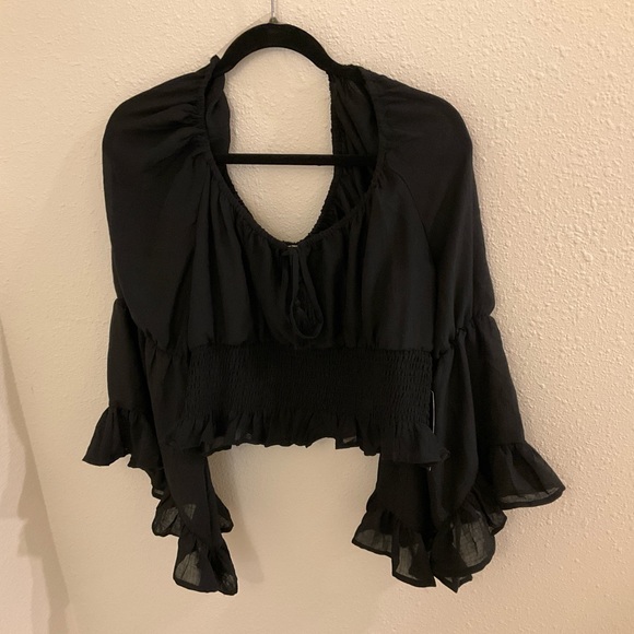NWT! Black Boho Wide Flutter Sleeve Crop Smock Top/Blouse, 1970’s, Stevie Nicks - Picture 11 of 11